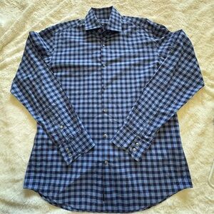 Hugo Boss Tessitura Monti Button Down Navy and Light Blue Plaid Shirt Neck 16